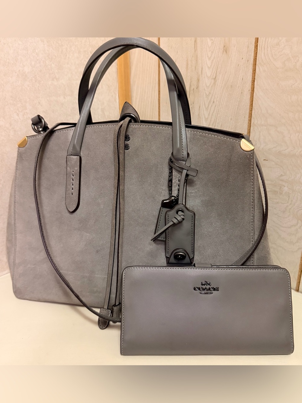 Coach Gray Suede Tote with Matching Gray Wallet